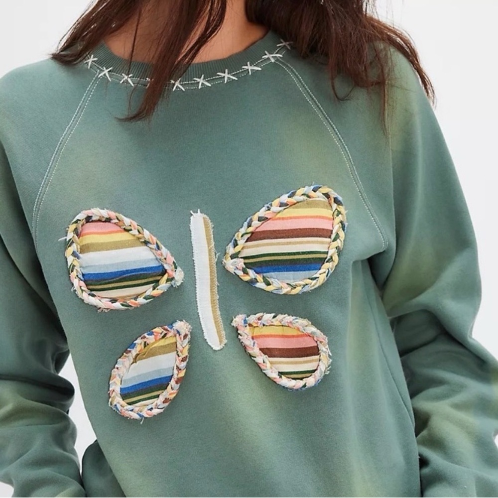 Free People Butterfly 🦋 Sweatshirt Size Medium Duck Green Combo NWT - Picture 2 of 5